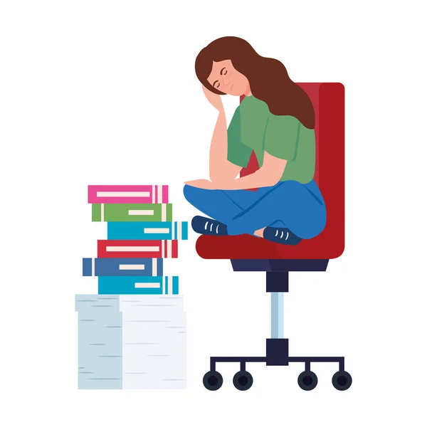 Жінка сидить у кріслі зі стресовим нападом і стопкою документів — стоковий вектор