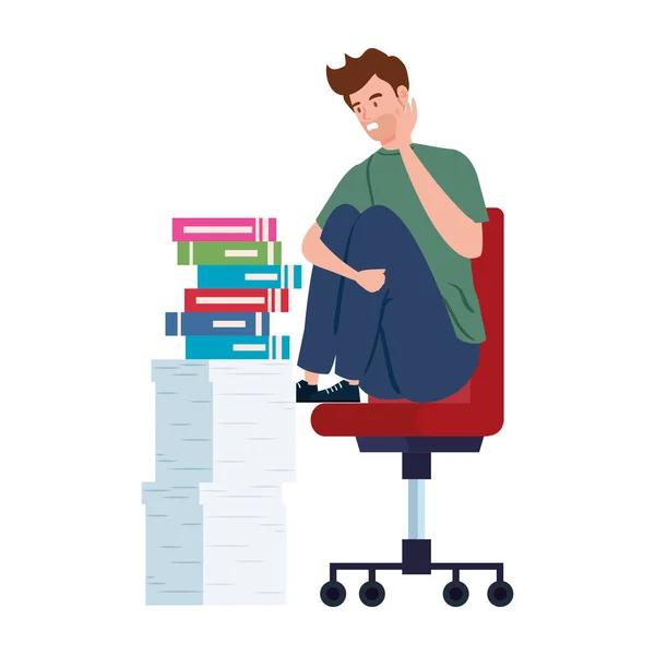 Mann sitzt mit Stressattacke im Stuhl und stapelt Dokumente — Stockvektor