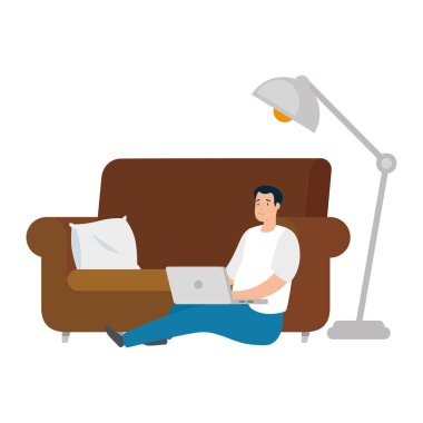 Adam dizüstü bilgisayar ve simgelerle oturuyor