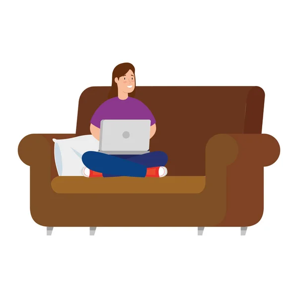 Donna seduta sul divano con icona isolata portatile — Vettoriale Stock