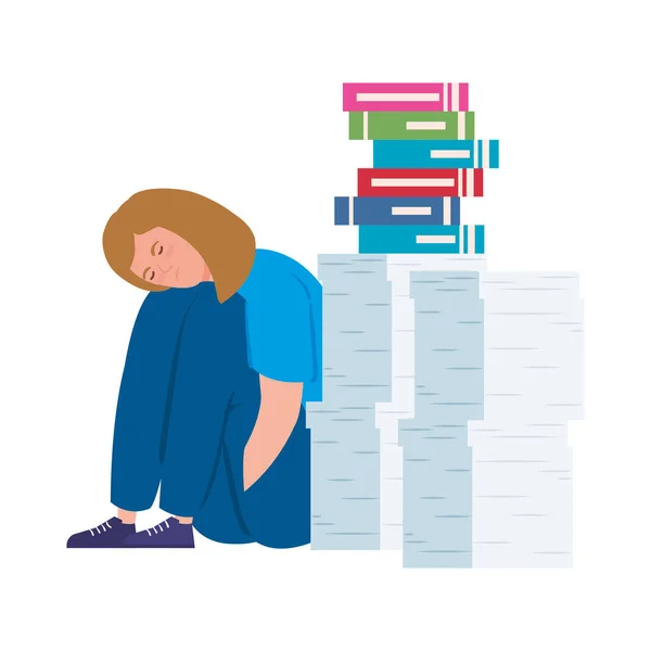 Kvinna sitter med stress attack och stack dokument — Stock vektor