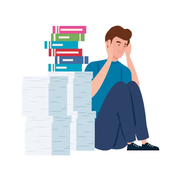 Homme assis avec l'attaque de stress et pile de documents — Image vectorielle