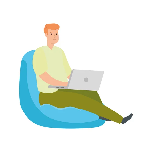 Uomo seduto in pouf con computer portatile — Vettoriale Stock