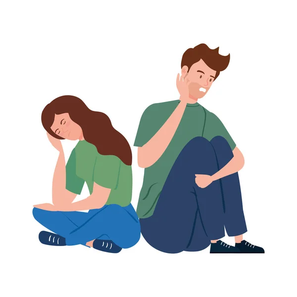 Молода пара сидить зі стресовим нападом — стоковий вектор