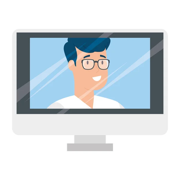 Молодой человек в видеоконференции в компьютере — стоковый вектор