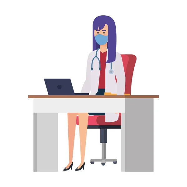 Medico femminile con maschera in scrivania — Vettoriale Stock