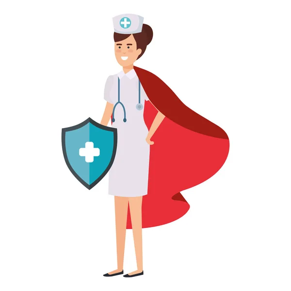 Super verpleegster met heldenmantel en schild — Stockvector