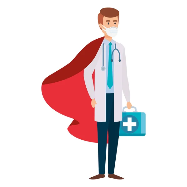 Super doctor male with hero cloak and first aid kit — Stock Vector