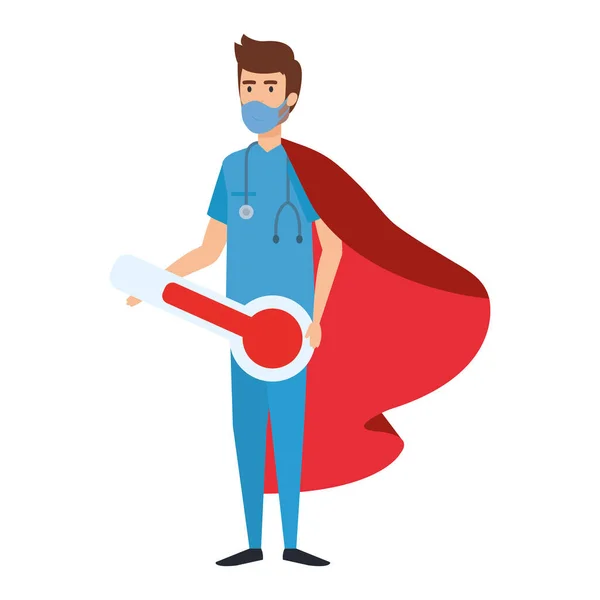 Super male paramedic with thermometer and hero cloak — Stock Vector