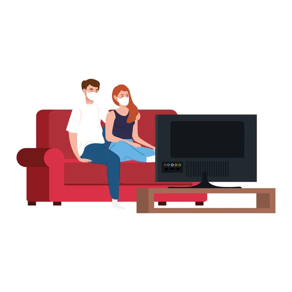 Campaign stay at home with couple using face mask watching tv — Stock Vector