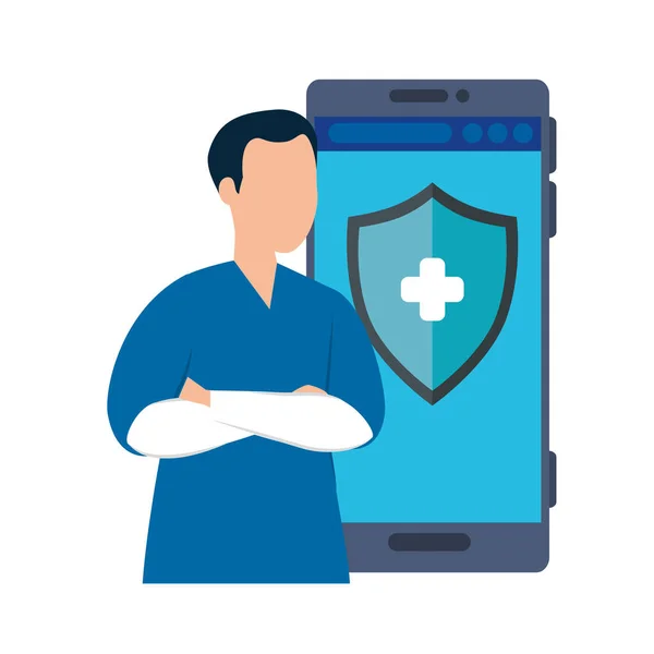 Medizin online mit Sanitäter und Smartphone — Stockvektor