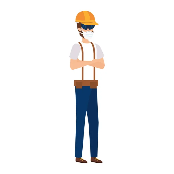 Hombre trabajador utilizando máscara facial icono aislado — Vector de stock