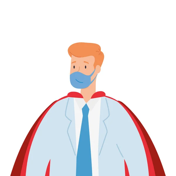 Super doctor masculino con máscara facial y capa de héroe — Vector de stock