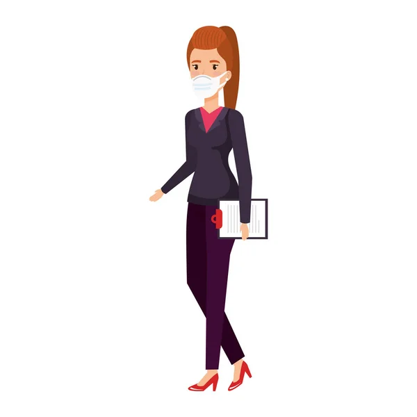 Femme d'affaires avec presse-papiers et masque isolé icône — Image vectorielle