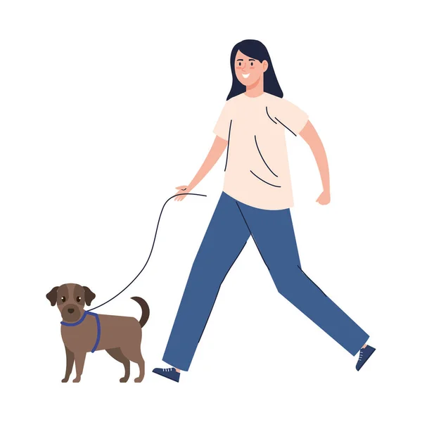 Mujer caminando con perro aislado icono — Vector de stock