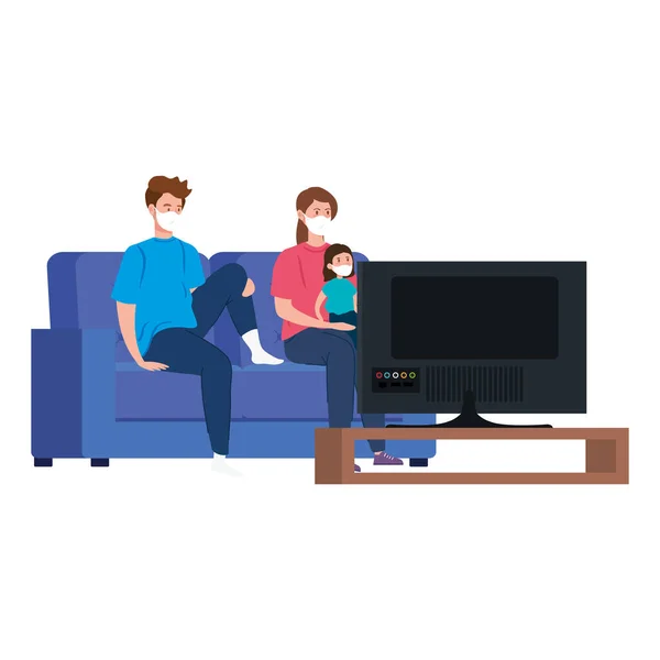 Estancia de campaña en casa con la familia usando mascarilla viendo la televisión — Vector de stock
