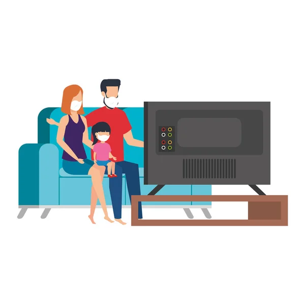 Campaign stay at home with family using face mask watching tv — Stock Vector