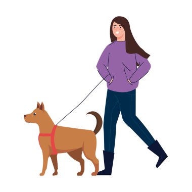 Kadın köpek izole ikonuyla yürüyor
