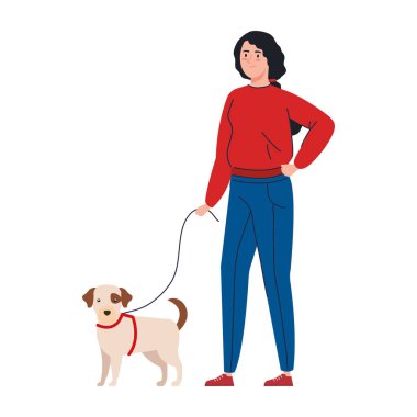 Kadın köpek izole ikonuyla yürüyor