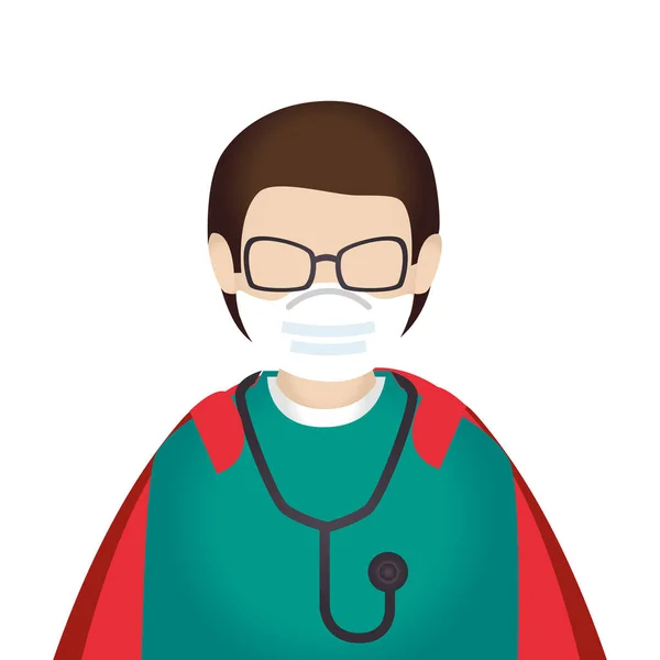 Süper erkek sağlık görevlisi, maskeli ve kahraman pelerinli. — Stok Vektör
