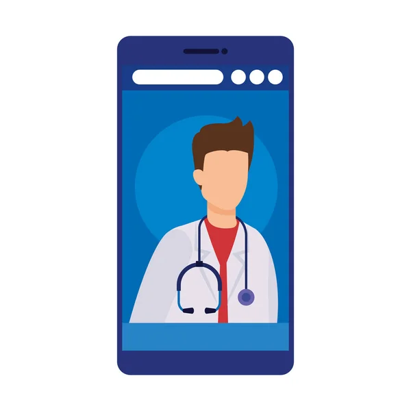 Läkemedel online med läkare hane i smartphone — Stock vektor