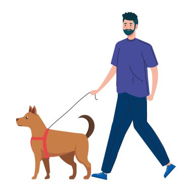 Köpek izole edilmiş bir ikonla yürüyen adam