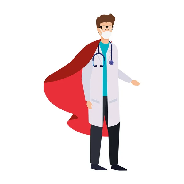Super doctor male with face mask and hero cloak — Stock Vector