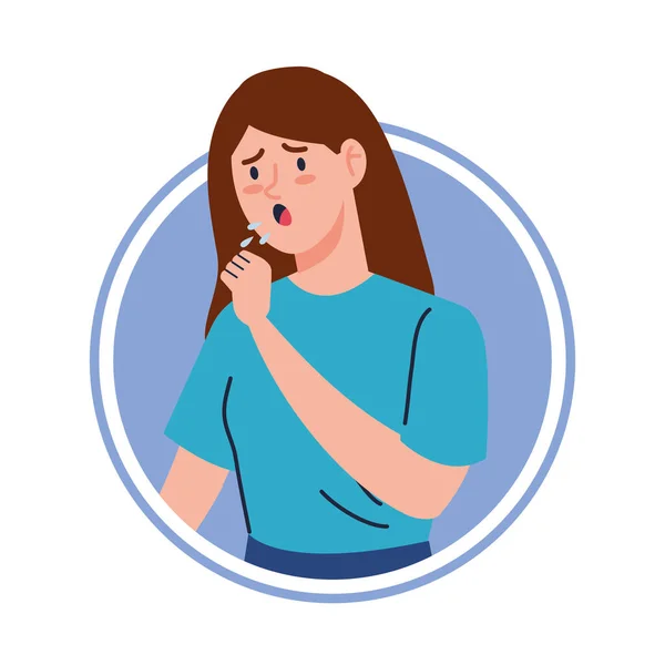 Mujer con tos enferma de covid 19 en marco circular — Archivo Imágenes Vectoriales