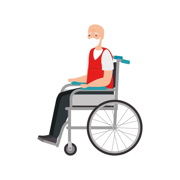 Old man with face mask in wheelchair isolated icon — Stock Vector