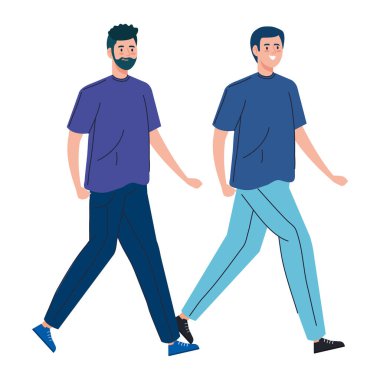 Genç erkekler izole edilmiş simgede yürüyor