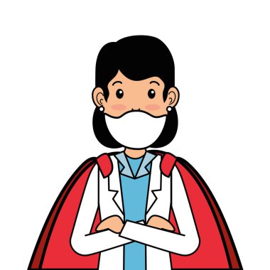 Süper doktor kadın, maskeli ve kahraman pelerinli.
