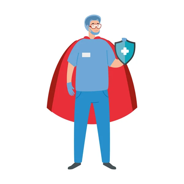 Super male paramedic with shield and hero cloak — Stock Vector