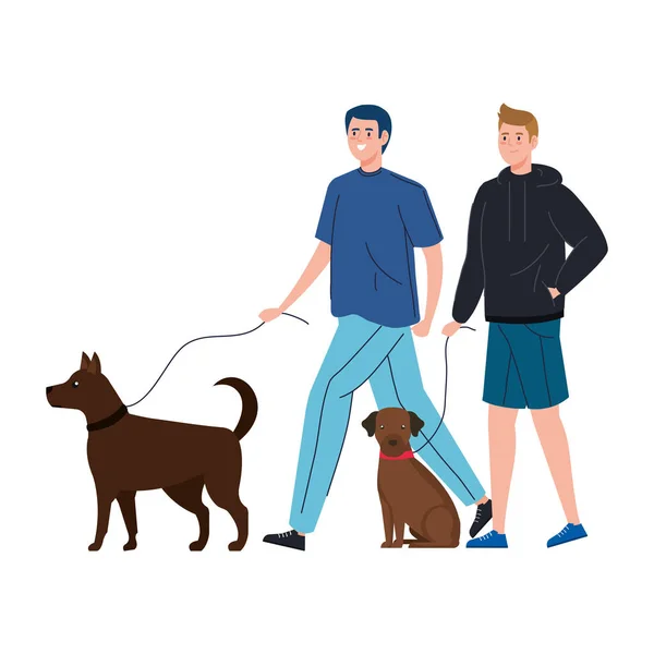 Άνδρες περπάτημα με σκύλους απομονωμένη εικόνα — Διανυσματικό Αρχείο