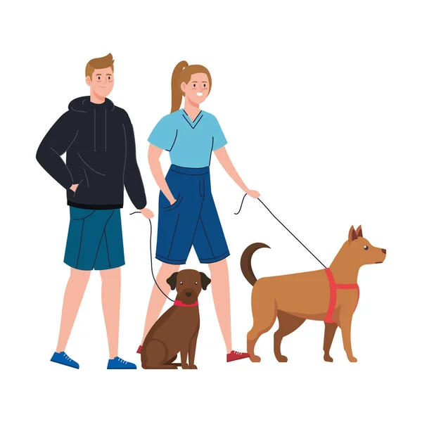 Couple marche avec des chiens icône isolée — Image vectorielle