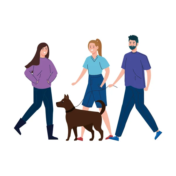 Personas caminando con perro icono aislado — Vector de stock