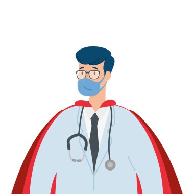 Süper doktor erkek, maskeli ve kahraman pelerinli.