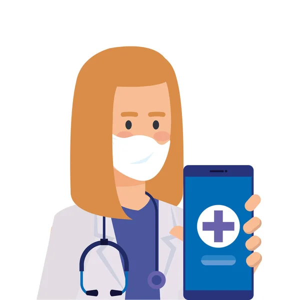 Läkare kvinnlig och smartphone med medicin online app — Stock vektor