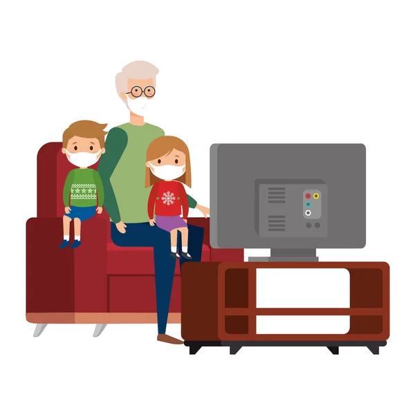 Estancia de campaña en casa con el abuelo con nietos usando mascarilla viendo la televisión — Vector de stock