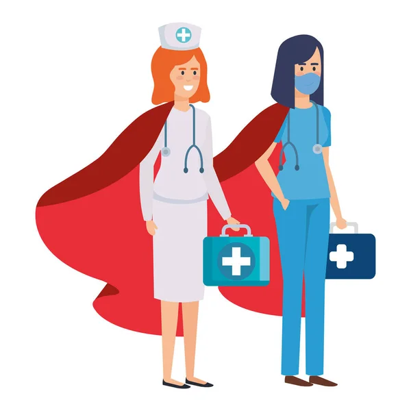 Super verpleegster en paramedische vrouw met held mantel — Stockvector