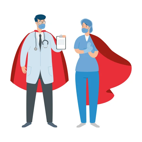Super doctor male and paramedic female with hero cloak — Stock Vector