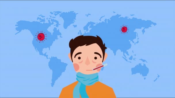 Man sjuk med covid19 partiklar och världskarta — Stockvideo