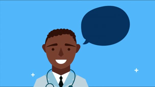 Afro doctor with speech bubble character animation — Stock Video