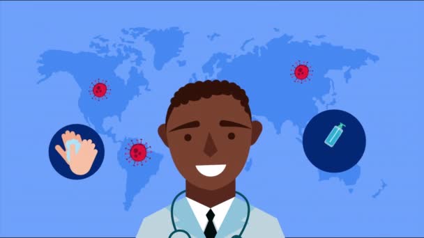 Afro lékař s covid19 nastavit ikony v mapě Země — Stock video