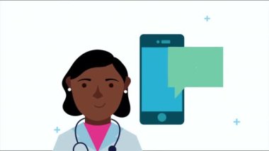 Akıllı telefon teletıp animasyonu olan kadın doktor.