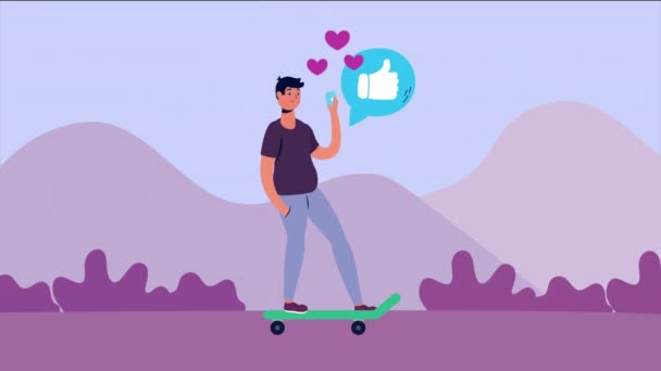 Мужчина использует смартфон в катании на скейтборде — стоковое видео
