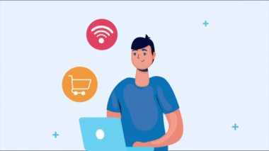 Adam dizüstü bilgisayar ve sosyal medya pazarlama teknolojisi kullanıyor