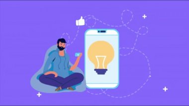 Ampul ışığı olan akıllı telefon kullanan adam