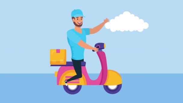 Logistic delivery worker in motorcycle with box — Stock Video