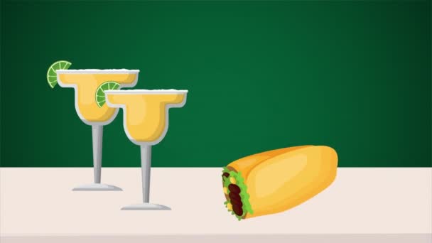 Cinco de mayo oslava mexické s margaritami a jídlem — Stock video