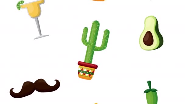 Celebration mexican with set icons pattern — Stock Video